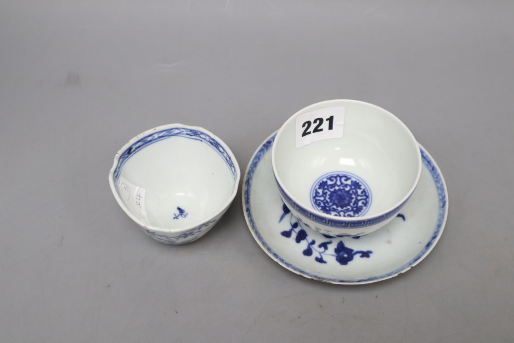 Two Chinese blue and white cups and a saucer, one with reign mark